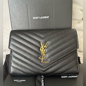 Yves Saint Laurent YSL Clutch Wristlet Wallet on Chain Black Chevron Like New